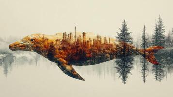 A stunning blend of nature and urban imagery, featuring a whale silhouette filled with lush forests and city elements. photo