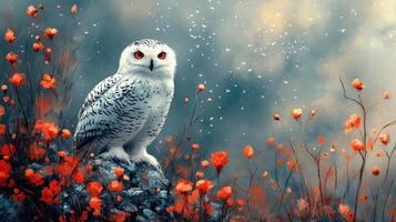A majestic snowy owl perched on a rock amid vibrant red flowers and a dreamy background, capturing the beauty of nature. photo