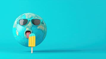 Playful globe wearing sunglasses, enjoying a colorful popsicle against a vibrant turquoise background. Perfect for summer themes. photo