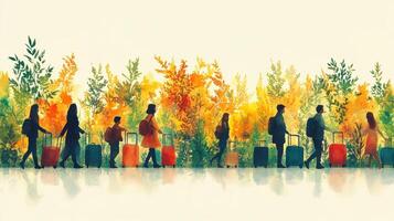 A vibrant scene of travelers moving through a colorful autumn landscape, showcasing the beauty of journey and nature. photo