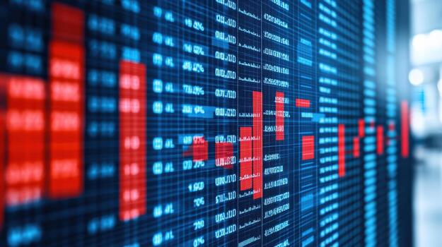 Dynamic stock market chart displaying fluctuating data trends in red and blue tones for financial analysis. photo