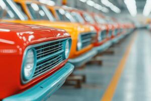 Colorful vintage cars lined up in a modern factory setting, showcasing classic design and production aesthetics. photo