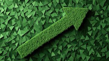An upward arrow made of green foliage against a backdrop of green triangular shapes, symbolizing growth and sustainability. photo