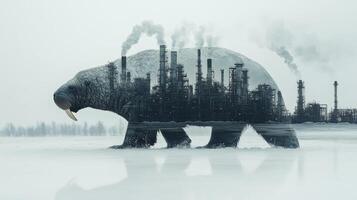 An artistic representation of a bear with an industrial skyline embedded, symbolizing environmental impact and wildlife. photo