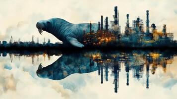 A surreal scene combining a walrus with an industrial landscape, reflecting environmental themes and the balance of nature. photo