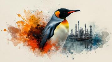 Artistic representation of a penguin with industrial background, blending wildlife and human impact on nature. photo