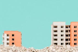 A striking scene of abandoned buildings contrasted against a bright blue sky, symbolizing decay and urban transformation. photo