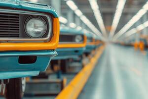 Close-up view of classic cars in a modern factory setting, highlighting vibrant colors and sleek design elements. photo