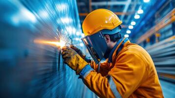 A skilled worker wearing a helmet uses a welding tool to create sparks in a vibrant industrial environment. photo