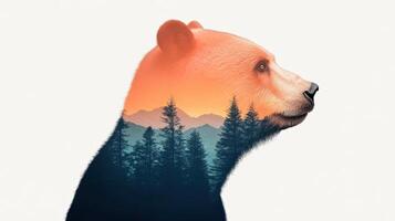 A stunning double exposure of a bear with a forest landscape inside, symbolizing nature's beauty and wildlife harmony. photo