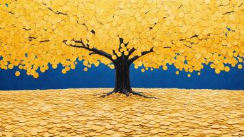 A vibrant golden tree surrounded by coins, symbolizing wealth and prosperity in an abstract art style. photo