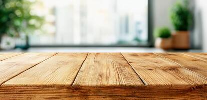 A beautifully crafted wooden table showcasing natural patterns, perfect for interior design and modern decor backgrounds. photo