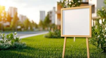 A blank wooden signboard standing in a lush green landscape, ideal for adding messages or announcements in an outdoor setting. photo