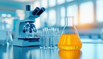 A bright laboratory scene featuring a microscope, test tubes, and an orange liquid in a flask, ideal for scientific concepts. photo