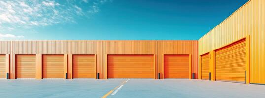 A bright orange storage facility under a clear blue sky, featuring multiple roll-up doors and concrete flooring. photo