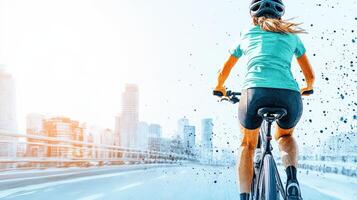 A cyclist riding through a cityscape, capturing the essence of urban adventure and freedom in motion. photo