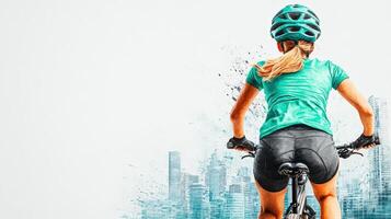 A cyclist in a city setting, showcasing active lifestyle and adventure with a vibrant urban background. photo