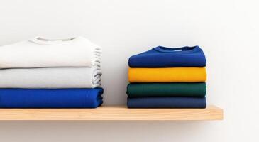 Neatly stacked colorful sweaters on a wooden shelf against a clean, minimalistic backdrop, perfect for wardrobe or interior design visuals. photo
