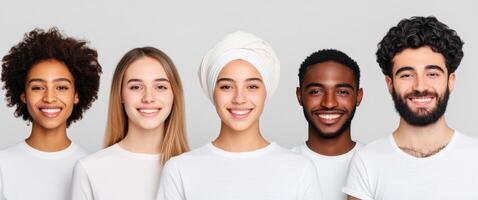 A diverse group of smiling individuals showcasing friendship and unity, each with unique hairstyles and expressions against a neutral background. photo