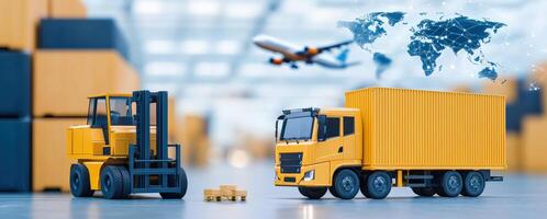 A detailed scene of logistics with a forklift, truck, and airplane representing supply chain operations and transportation. photo