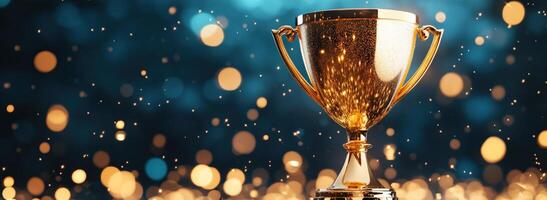 Shiny golden trophy on a blurred background with sparkling lights, symbolizing achievement and success in competitions. photo