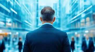 A businessman stands in an urban environment, reflecting on his goals amid a blur of city life and modern architecture. photo