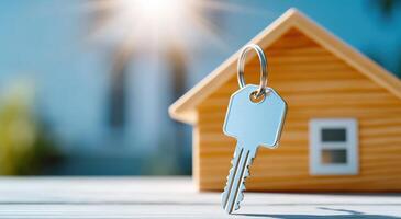 A close-up of a key on a wooden house model, representing home ownership and real estate investment opportunities. photo