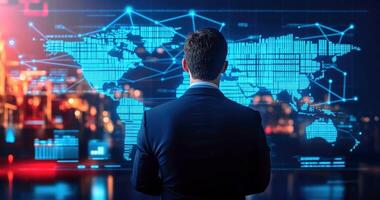 Businessman analyzing digital world map with data connections in a modern office, showcasing global connectivity and technology trends. photo