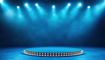A vibrant stage illuminated with blue lights and ready for performance, creating an inviting atmosphere for artists. photo