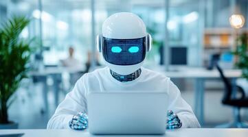 A futuristic robot working on a laptop in a modern office, showcasing technology and innovation. photo