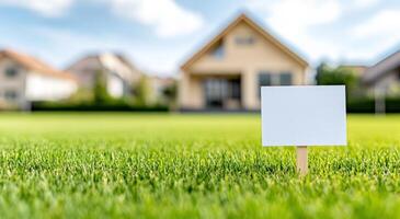 An empty sign on green grass in front of a house, representing property for sale or rent in a serene neighborhood. photo