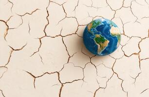 A globe rests on a cracked surface, symbolizing environmental issues and the impact of climate change on our planet. photo