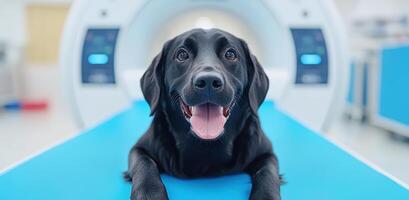 A happy black labrador retriever resting on a CT scanner, showcasing the bond between pets and veterinary technology. photo