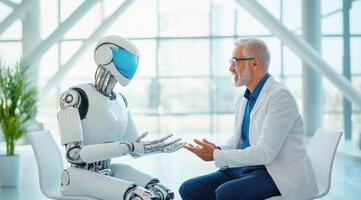 A human and a robot engage in a friendly conversation in a modern office setting, showcasing collaboration between technology and mankind. photo