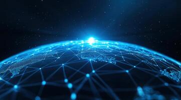 A futuristic view of Earth illuminated by bright lights, showcasing interconnectedness through digital networks and technology. photo