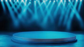 A vibrant stage illuminated by blue lights, perfect for performances, presentations, or events, creating an exciting atmosphere. photo