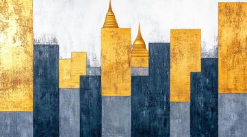 An abstract city skyline artwork with gold and gray blocks, symbolizing urban elegance and modern architecture. photo