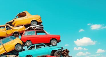 A vibrant collection of stacked vintage cars against a bright blue sky, showcasing colorful designs and a sense of nostalgia. photo