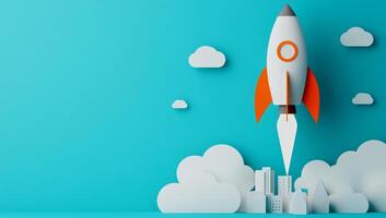 A stylized rocket launching against a bright blue background, symbolizing innovation, progress, and exploration in a modern world. photo