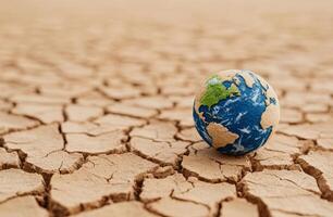 A small globe rests on cracked earth, symbolizing the environmental challenges facing our planet today. photo