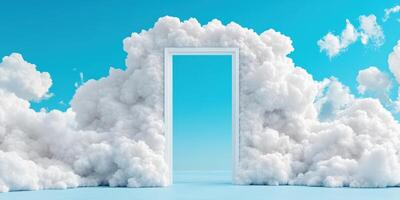 A surreal scene featuring a white door surrounded by fluffy clouds against a bright blue sky, evoking a sense of wonder and imagination. photo