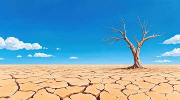 A lone tree stands in a dry, cracked landscape under a clear blue sky, symbolizing drought and environmental change. photo