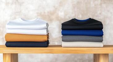 Stacked clothes in various colors on a wooden table against a textured background, ideal for fashion and apparel presentations. photo