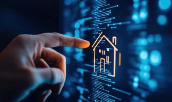 A hand touching a digital screen with a glowing house icon, symbolizing smart home technology and innovation. photo