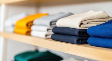 Neatly folded clothing on wooden shelves in a retail store display, showcasing a variety of colors and textures for fashion inspiration. photo