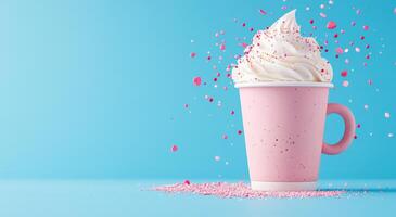 A vibrant pink cup filled with creamy whipped topping, sprinkled with colorful confetti against a bright blue background. photo