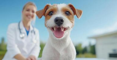 A joyful dog at a veterinary clinic with a smiling vet in the background, showcasing the bond between pets and healthcare professionals. photo