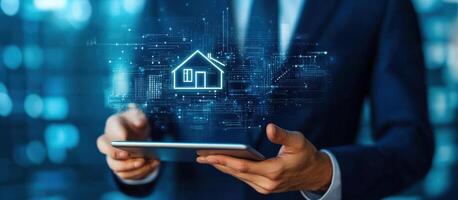 Professionally dressed individual holding a tablet displaying a digital house icon, showcasing technology in real estate. photo