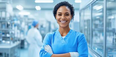 Confident healthcare worker smiling in a modern laboratory environment, showcasing professionalism and dedication. photo