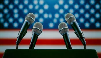 Close-up of microphones on a podium with an American flag backdrop, perfect for political events or public speaking themes. photo